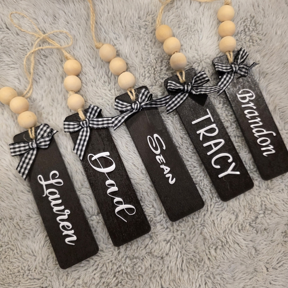 Personalized Black Wooden Holiday Ornaments Gift Tag Stocking Tag  with Bows